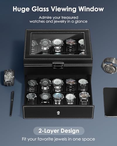 Kukikan Mens Watch Box Jewelry Organizer, 2-Layer 20-Slot Watch Case -Black - Image 2