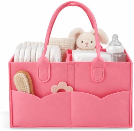 PandaEar Baby Diaper Caddy Organizer, Portable Diaper Holder Organizer Nursery Storage Basket for Wipes & baby stuff, Collapsible Baby Organizer with Divided Design (Light Pink) by PandaEar