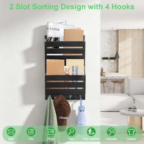 MOOACE Mail Organizer Wall Mount, Wood Mail and Key Holder with Hooks - Image 6