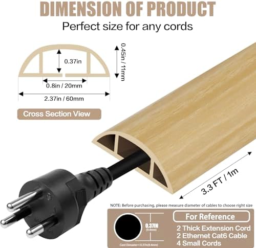 Floor Cord Cover Cavity 0.8"x0.37" Self Adhesive Cord Hider, 3.3FT Low Profile Cable Management, Extension Strip Protector for Wires, Prevent Cable Trips for Offices, Gyms (Wood Light Yellow) - Image 2