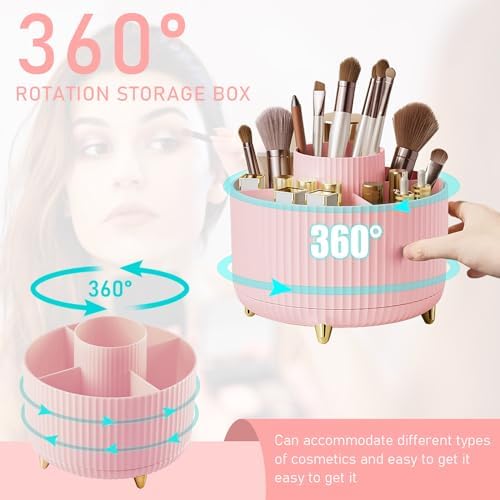 Diesisa Makeup Brush Holder Organizer,360° Rotating Makeup Brush Organizer,5 Slot Make up Brushes Cup for Cosmetics, Nail Polish, Art Supply, Bathroom Vanity Desktop Organizer - Pink - Image 2