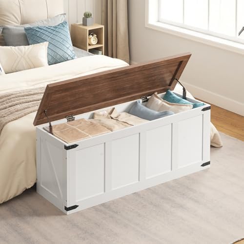 HOOBRO 47.2”Storage Bench Large, Toy Box with 2 Safety Hinges, Farmhouse Wooden Storage Chest, Easy Assembly for Bedroom, Living Room, Entryway, White and Walnut WH520CW01 - Image 2