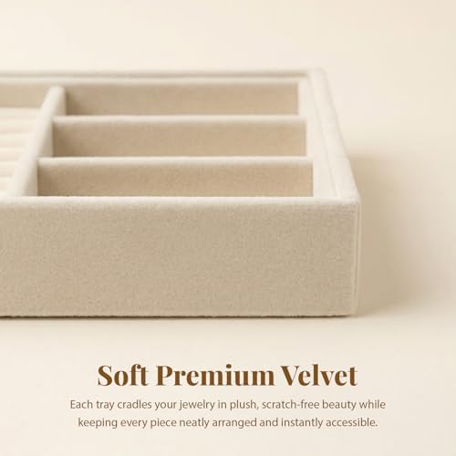 Elsjoy 8 Pack Velvet Jewelry Trays, Stackable Jewelry Organizer Trays for Drawers, Beige Jewelry Storage and Display Tray Inserts for Necklaces, Rings, Earrings - Image 5