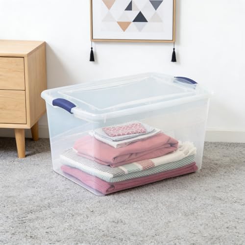 Large Storage Bin with Latch Lid (4 Pack) – 66 Quart Clear Plastic Storage Container, Blue Latches, Stackable Bins for Home Organization - Image 4