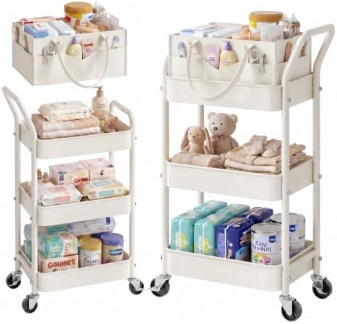 3 Tier Baby Diaper Caddy Cart with Removable Dividers and Wheels,Off-White by Recximi