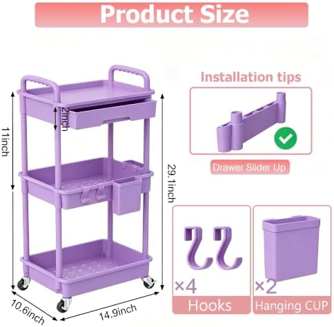 REBECAT 3 Tier Rolling Cart with Drawer, Utility Storage Cart on Wheels for Kitchen, Bathroom, Living Room,Office(Purple) - Image 2