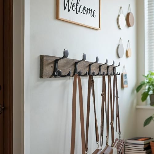 WEBI Coat Rack Wall Mount,36" Solid Wood Coat Hooks Wall Mounted Coat Hanger,16" Hole to Hole,Heavy Duty Hook Rack Rail,6 Triple Hooks for Hanging Coats,Jacket,Clothes,Hat,Backpack,Weathered Brown - Image 2