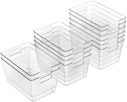 12 Pack Clear Plastic Storage Bins, 11" Large Pantry Organizer Bins with Handles, Plastic Containers for Refrigerator,BPA-Free Perfect for Kitchen,Fridge,Cabinet,Pantry,Bathroom,Closet Organization by Faryuan