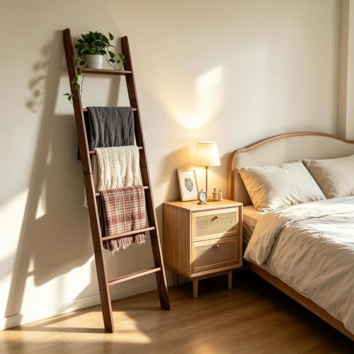 Blanket Ladder for Living Room and Bedroom,6-Tier Decorative Display Ladder Shelf,Ladder Rack for Storage and Decor,Wall Leaning Farmhouse Blanket Storage,Towel Rack, Bathroom,Brown - Image 3