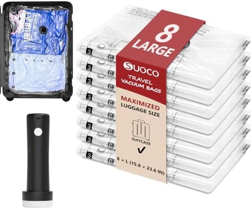 Travel Vacuum Bags for Clothing with Cordless Pump 8 Large, Clear by SUOCO
