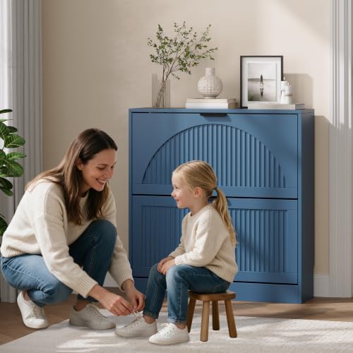 Fluted Shoe Storage Cabinet for Entryway, 2 Flip Drawers, Blue - Image 6