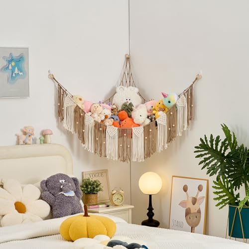 Pretty Jolly Stuffed Animal Hammock with Weaving Tassels and Beads Milk Coffee - Image 4