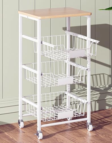 OKZEST 4-Tier Kitchen Storage Cart with 3 Upgraded Drawer Basket & Wood Top by OKZEST