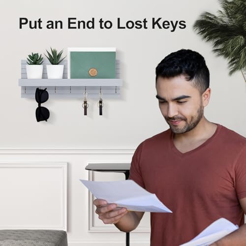 Lwenki Decorative Key Holder for Wall with Shelf, Entryway Shelf with Hooks Holds Leashes, Jackets and Glasses – Sturdy Wood Keyholder Entrance Hanger with Mounting Hardware (Gray, Large) - Image 5