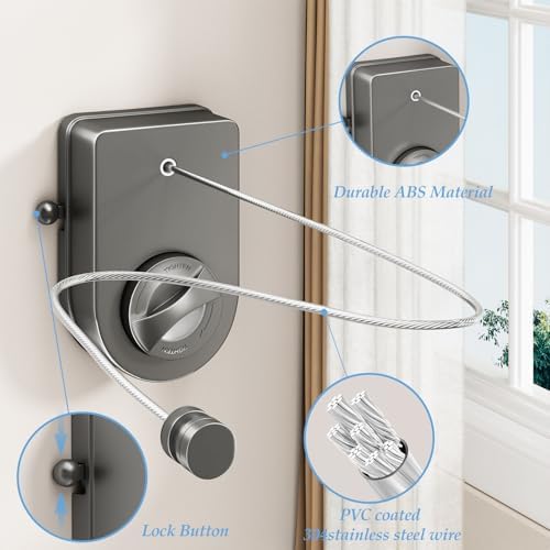 Danpoo Heavy Duty Retractable Clothesline - 13.8ft Adjustable Tension Stainless Steel Laundry Drying Line, Wall Mounted Clothes String with 2-in-1 Hook Base (Space Gray) - Image 3