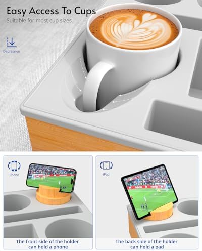 Couch Cup Holder Tray - Couch Organizer Caddy, Silicone Beach Caddy with Cup Holder, Sofa and Bed Drink Holder and Couch Tray Table for Snacks Beverage Remote (Gray) - Image 3