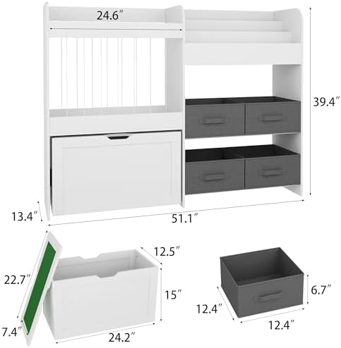 51.1" W Large Toy Storage Organizer with Stuffed Animal Storage, Kids Bookshelf with 4 Removable Toy Bins, Movable Toy Box with Buildable Baseplate Lid for Bricks, Ideal for Kids Room Playroom Bedroom - Image 2
