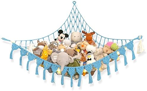 Abby Baby Extra Large Stuffed Animal Storage Hammock Corner with LED Lights – 25LB Capacity Hanging Toy Net for Small or Large Plushies, Boho Macrame Squishmallow, Plush Net, Blue by AbbyBaby