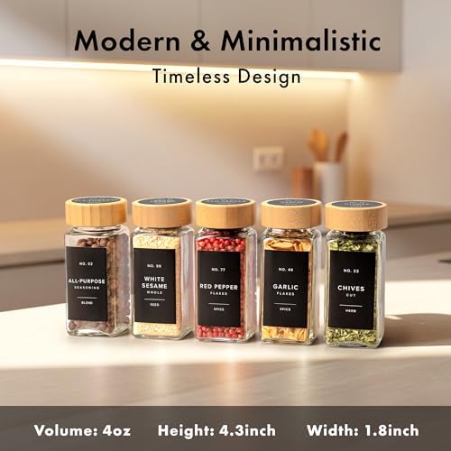 EDELHAUS Glass Spice Jars with Label, 36x Bamboo Wooden Lids - Black Labels - Image 2