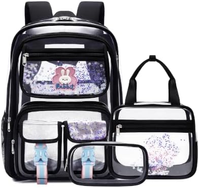Makukke Clear Backpack for School, Heavy Duty 0.5mm Transparent Bookbag 3-in-1 Set with Lunch Bag, Fits 15.6" Laptop for Teens (Clear Black) by MAKUKKE