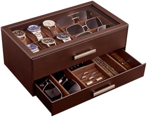 ProCase Watch Case, Mens Jewelry Box for 6 Watch & 5 Sunglasses -Brown by ProCase