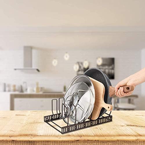 Toplife Pot Lids Organizer Rack for Cabinet and Countertop, 7+ Pan Lids and Bakeware Organizer Rack Holder with 7 Adjustable Compartments - Brown - Image 4