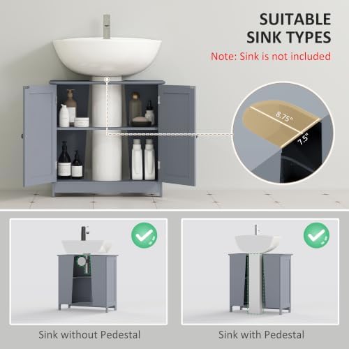 HOMCOM Under Sink Bathroom Cabinet with 2 Doors, Shelf, U-Shape, Gray - Image 4