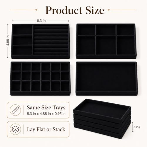 4 Pack Stackable Jewelry Organizer Tray Set - Velvet Display Case - Image 4
