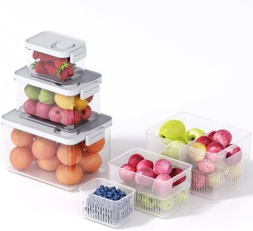 vacane 6 Pack Large Fruit Storage Containers for Fridge with Timing Knob, Produce Saver with Colanders, Lettuce Keeper Vegetable Food Fresh - Dishwasher Safe by vacane