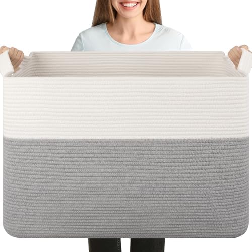 OIASKET 108L Cotton Rope Storage Basket for Living Room and Bedroom 25"x16"x16" Woven Laundry Basket, Heavy Duty Bin for Blankets, Pillows & Toys, Pet-Safe & Scratch-Free, Grey and White by OIASKET