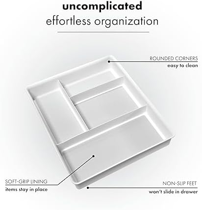 madesmart 4 Compartment Drawer Organizer, Multi Purpose Storage for Utensils, Office Tools, Cords, & Small Household Items, Tech Accessories, Arts & Crafts Supplies, Non Slip Lining, White (Pack of 6) - Image 3