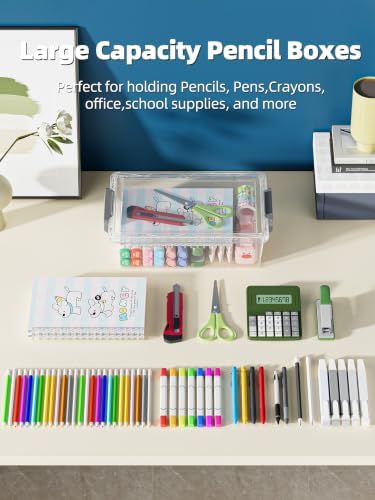 BiuLeon 4 Pack Extra Large Pencil Box, Plastic Pencil Case Organizer, Clear Crayon Box Marker Organizer, Stackable Craft Organizers and Storage for Pen, Craft, Art Supply(Blue) - Image 6