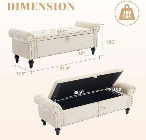 55" Storage Bench for Bedroom, Upholstered Ottoman Bench, Chenille Beige - Image 3