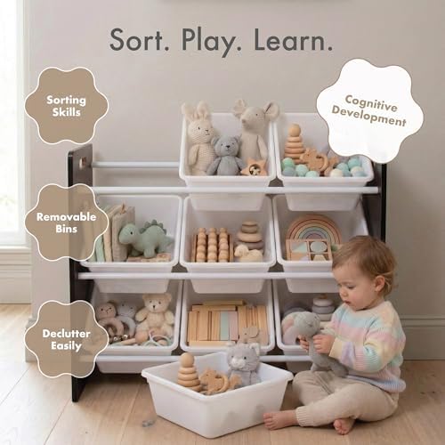 Humble Crew Toy Storage Organizer with 9 Removable Storage Bins for Kids Playroom, 3-Tier Toddler Toy Organization and Storage, Espresso/White - Image 6