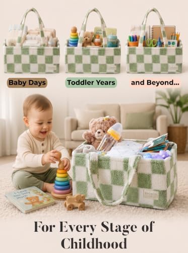 Baby Diaper Caddy Organizer with Waterproof Changing Pad, Checkered Green - Image 6