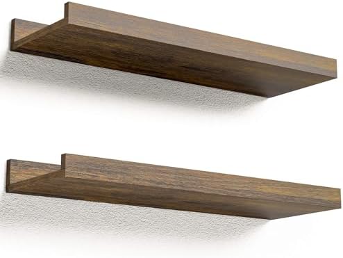 Boswillon Floating Shelves Set of 2, Small Wall Shelf with Lip, 16in, Brown by Boswillon