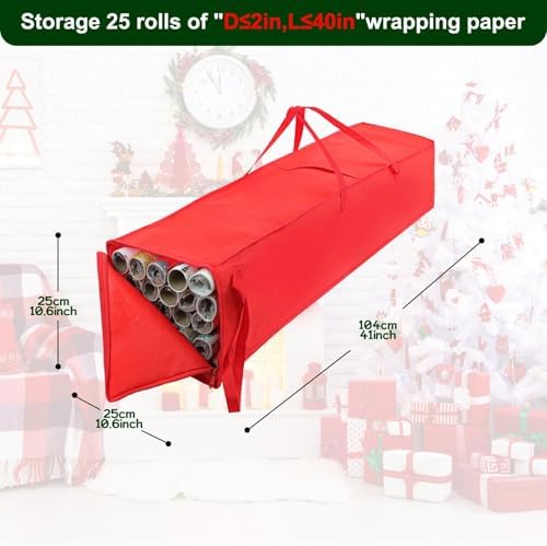 Demao Christmas Wrapping Paper Holder, Wrapping Paper Storage Bag for Christmas Rolls, Resistant 41 inch Organizer Storage Container, Stores up to 25 Standard Rolls - Image 2