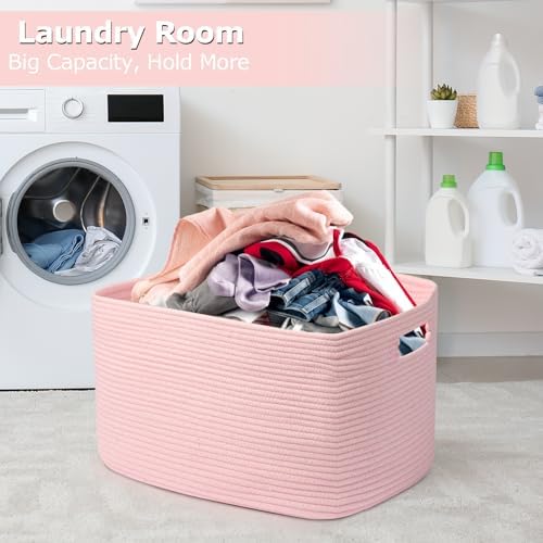 25"x16"x16" Rectangle Pink Woven Blanket Basket,Large Basket - Image 4