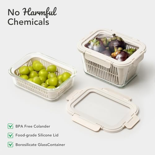 GENICOOK Glass Produce Storage Containers for Fridge, 2-Set – Airtight Fruit & Vegetable Containers with Removable Colanders, Flexible Silicone Lids,LeakProof, BPA-Free Borosilicate Glass - Image 4