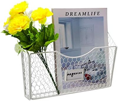 PAG-Mass 3 Pockets Hanging File Holder Wall Mount Mail Organizer Metal Chicken Wire Magazine Rack with Tag Slot, White - Image 3
