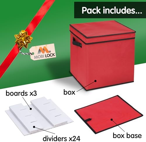 Mobi Lock Christmas Ornament Storage Box with Dividers - Holiday Ornament Organizer Bag - Holds 64 Balls - Durable Red Fabric Container, No Tray - Foldable Xmas Decorations Storage - Image 4