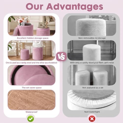 YYW HOME Pink Velvet Round Ottoman with Storage Set of 2 - Image 6