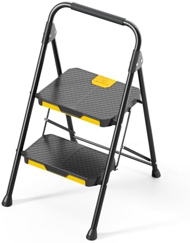 KINGRACK 2 Step Ladder, Sturdy Steel Step Stool with Safe-Lock Design, Handrail, Anti-Slip Wide Pedals, Pass 800lbs Load Testing, Folding Portable Ladder for Multi-Purpose, Home, Kitchen, Black by KINGRACK