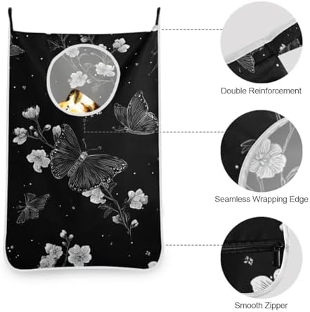 Door Hanging Laundry Hamper Bag with Free Adjustable Stainless Steel Hooks Dirty Clothes Hamper Extra Large Over the Door Laundry Hamper Butterfly Black 29.5X20inch 1 PCS - Image 4