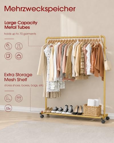 Sakugi Clothes Rack - Clothing Rack with Storage Mesh Shelf & Casters, Heavy-Duty Metal Clothing Rack for Hanging Clothes, Dresses, Coats, Large Load Capacity, Easy Assembly, Gold, 44.3"x16.9"x59.0" - Image 4