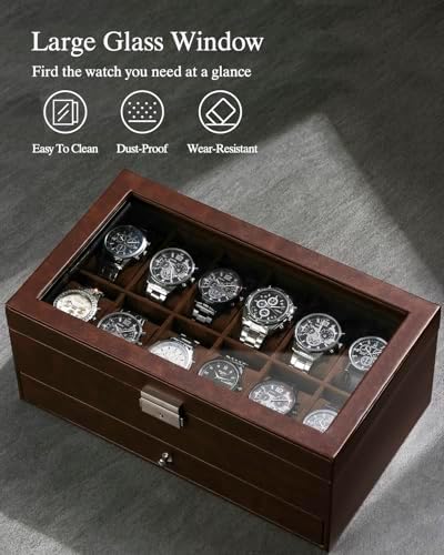 GUKA Watch Box, 12 Slot Watch Case, Watch Cases for men with Real Glass Lid, Synthetic Leather Watch Organizer storage with Jewelry Case, Birthday for Men and Women, Brown - Image 4