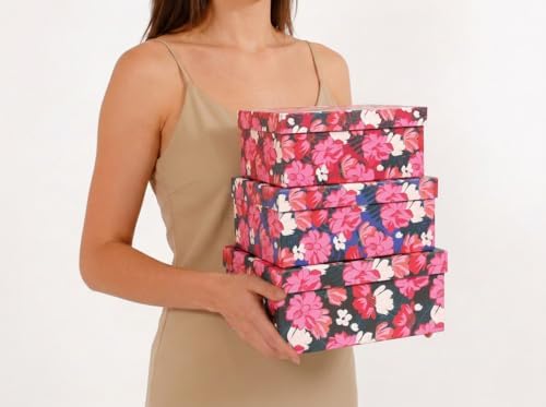 3-Piece Decorative Storage Boxes with Lids, Vibrant Pink and White Flower, Paperboard Keepsake box Set, Photo Storage Box for Memory, Home Decor, Knick-knacks Organizer, Shelf Decor - Image 3