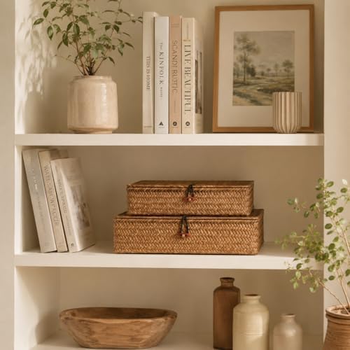 YANGQIHOME Set of 2 Seagrass Baskets with Lids, Rectangular Woven Storage Baskets, Natural Wicker Basket Boxes for Coffee Table, Shelf, Bathroom Counter & Closet Decor (Coffee, Set of 2) - Image 5