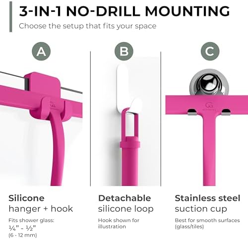 GÜTEWERK Silicone Shower Squeegee with 3-in-1 No-Drill Mount, Pink, 15'' - Image 3