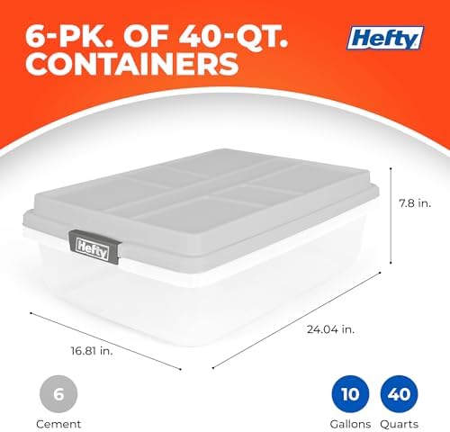 Hefty 40 Qt Hi-Rise Storage Bin with Lid, Stackable Plastic Storage Container, Organizer for Home, Garage & Closet, 6 Pack, Gray - Image 3